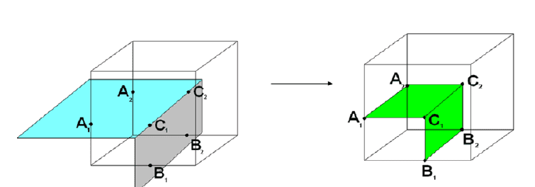 局部单元（右）中的CAD几何体表示（左），一个单元内含有2个面和实体边
