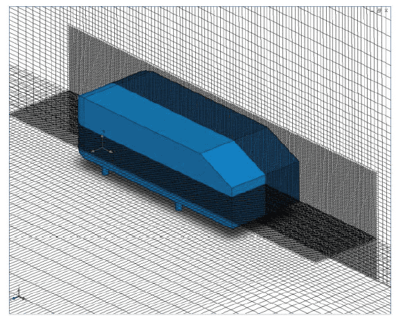 带有250后斜度的车体模型上的SOLIDWORKS Flow Simulation计算网格。